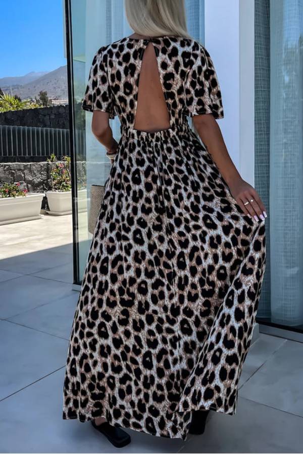 LM | Khaki Leopard V-Neck Cinched High Waist Open Back Maxi Dress