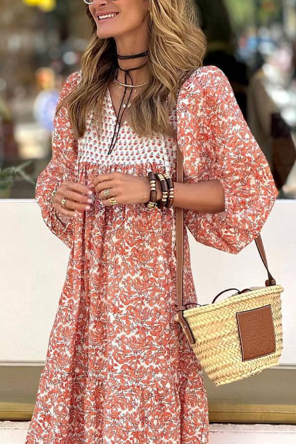 LM | Boheme Lifestyle Printed maxi dress with loose puff sleeves