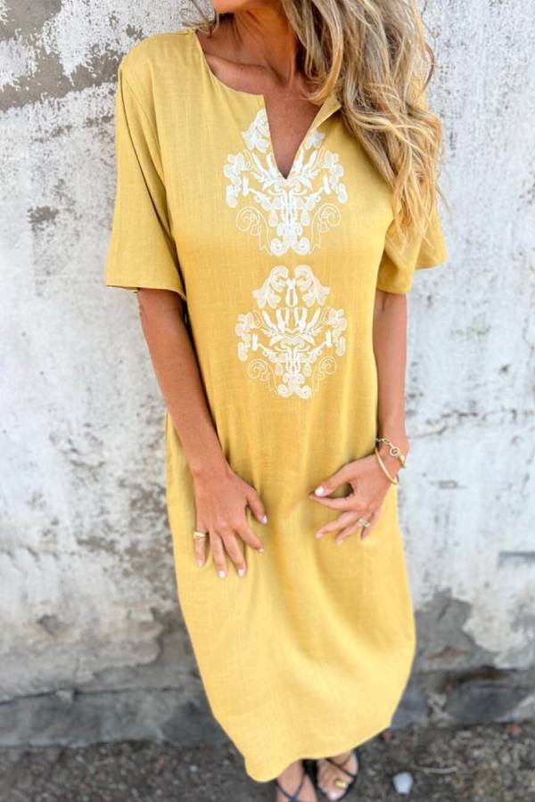LM | Bohemian Print Linen Loose Midi Dress