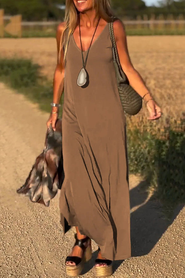 LM | Solid Color V-Neck Sleeveless Casual Loose Maxi Dress