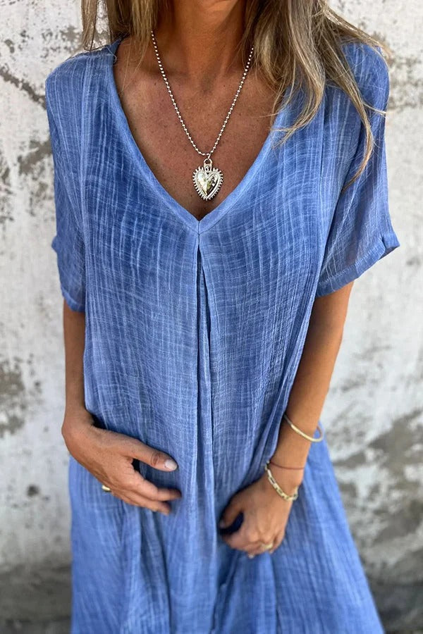 LM | Bayside Bliss linen blend short sleeve pleated loose midi dress