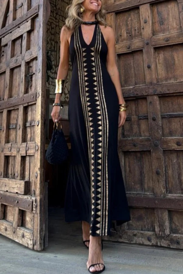 LM | Meret Gold Geometric Print Backless Stretch Maxi Dress with Halter