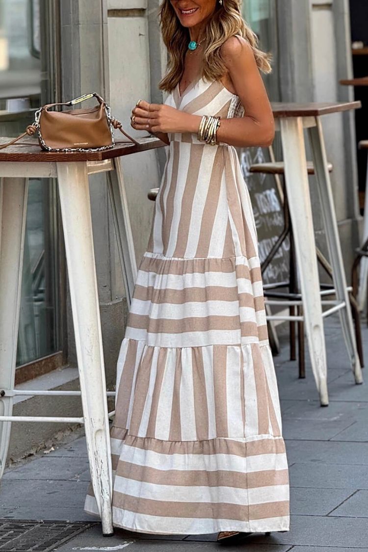 LM | summer stripe print patchwork ruffled backless maxi dress