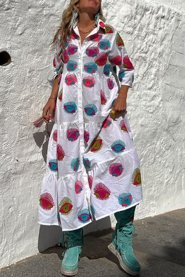 LM | Take Me To Cabo Ethnic Unique Print Button Loose Shirt Midi Dress