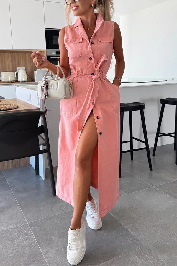 LM | Solid Color Sleeveless Single Breasted Waist Tie Casual Bag Denim Midi Dress