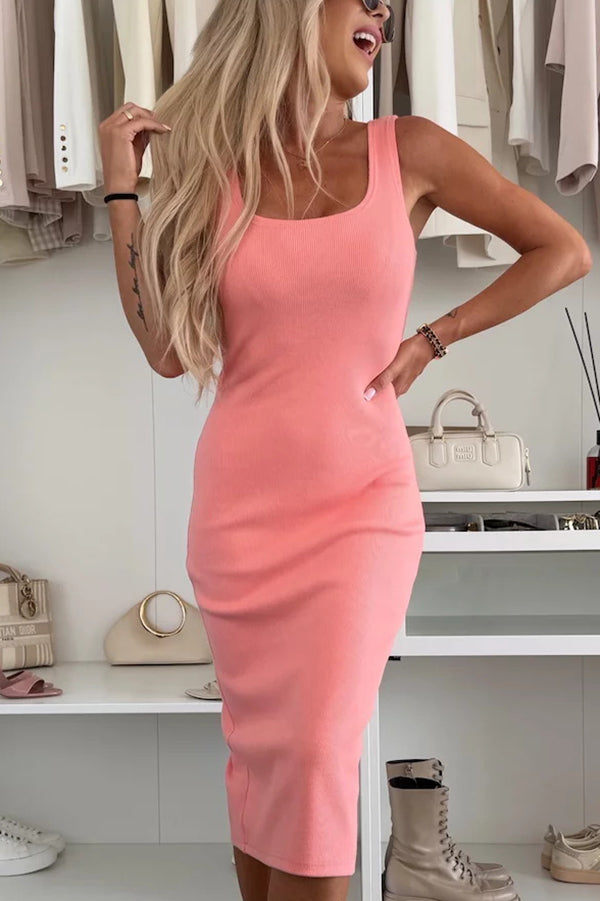 LM | Comfort and femininity rib knit tank slit stretch midi dress