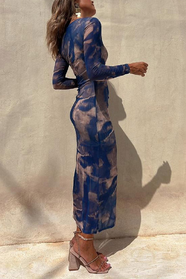 LM | Charm Lady Mesh Overlay Tie Dye Print Long Sleeve Ruffled Stretch Midi Dress