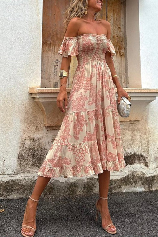 LM | Pitaya Unique Print Off Shoulder Smocked Ruffle Sleeve Layered Midi Dress