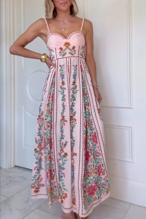 LM | Delicate Forest Unique Print Sweetheart Neck Beaded Straps Maxi Dress