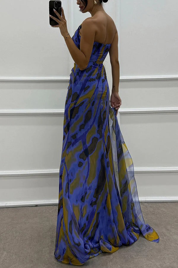LM | Amazing Views Watercolor Print Feather Rose Detail Off Shoulder Pleated Slit Maxi Dress