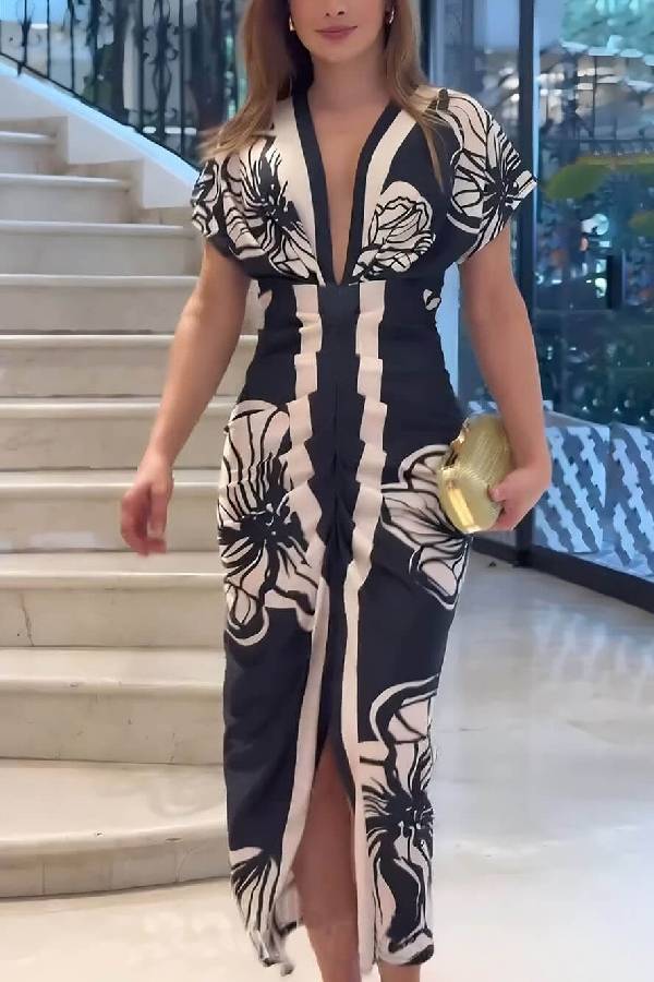LM | Unique Bella Contrast Color Unique Print Dolman Sleeve Ruffled Slit Midi Dress