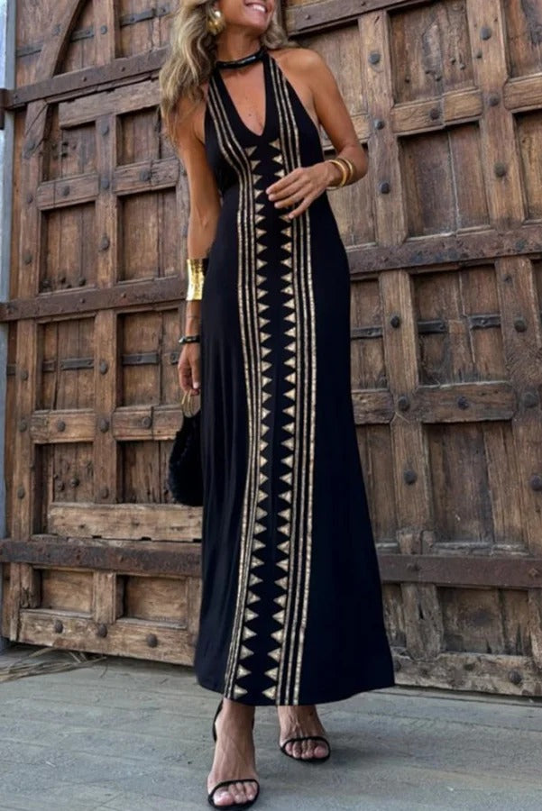 LM | Meret Gold Geometric Print Backless Stretch Maxi Dress with Halter