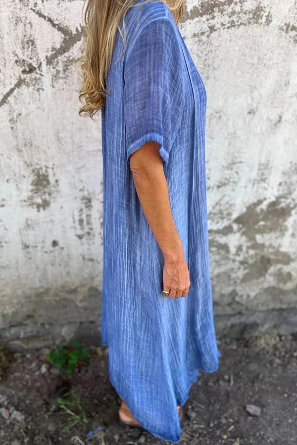 LM | Bayside Bliss linen blend short sleeve pleated loose midi dress