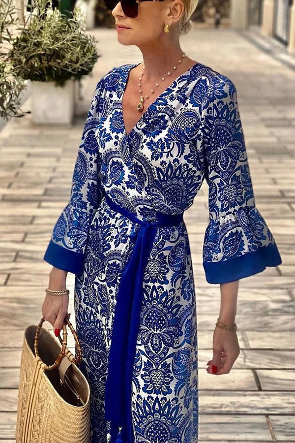 LM | Greek Island Satin Unique floral print tassel belt Maxi dress in wrap look