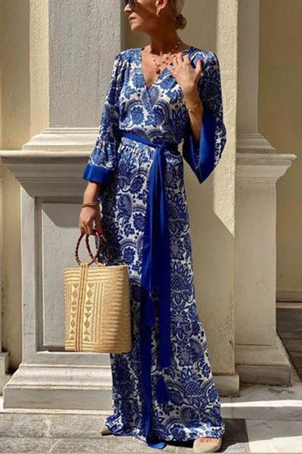LM | Greek Island Satin Unique floral print tassel belt Maxi dress in wrap look