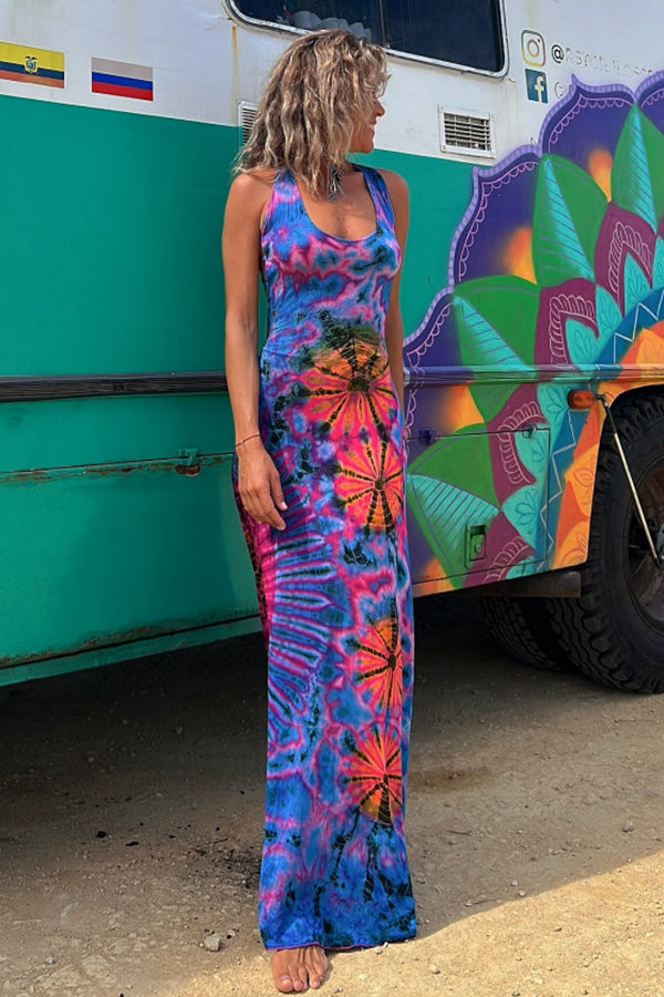 LM | La Bamba tie-dye print back lace-up stretch maxi dress