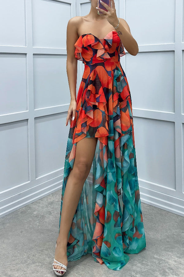 LM | Loving Moment Gradient Unique Print Flowing Layered Ruched Strapless Slit Maxi Dress