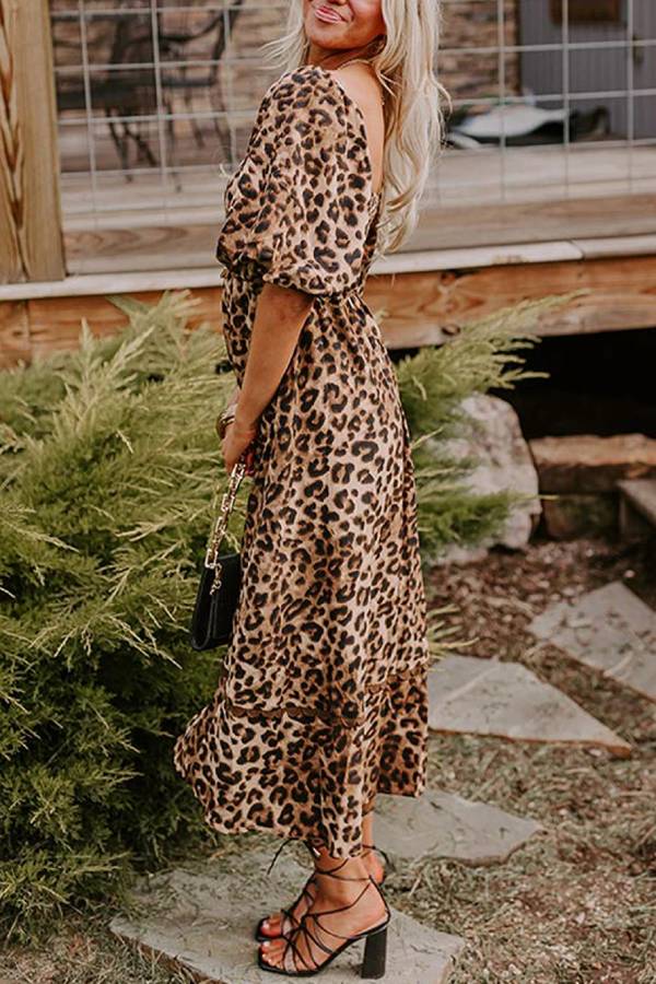 LM | Brown Leopard Print Puff Sleeve Ricrac Maxi Dress
