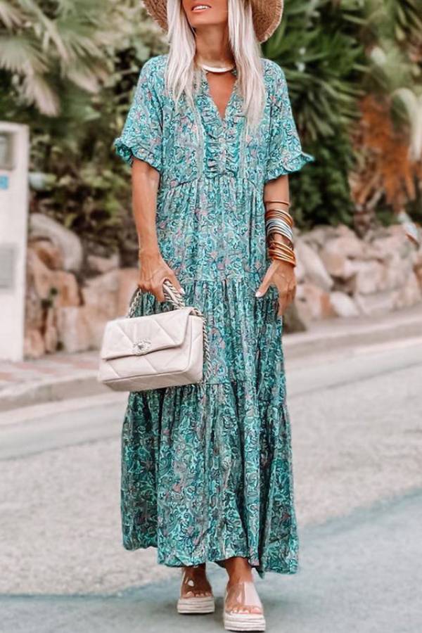 LM | Sky Blue Paisley Print Split V Neck Tiered Boho Maxi Dress