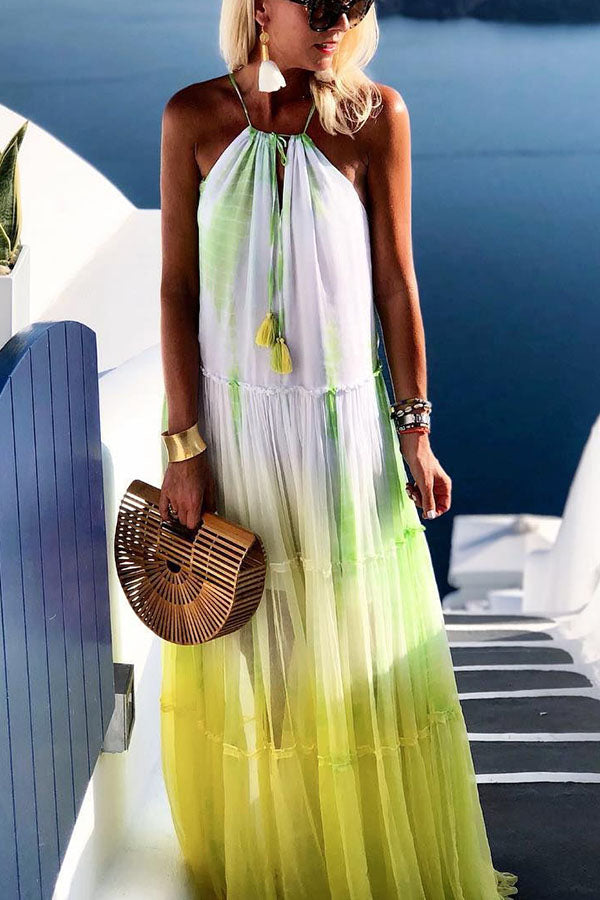 LM | Island Evenings Gradient Print Tassel Halter Maxi Dress