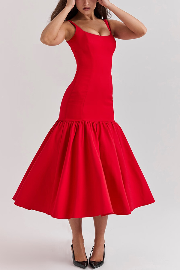 LM | Graceful Silhouette Square Neckline Wide Strap Drop Waist Midi Dress