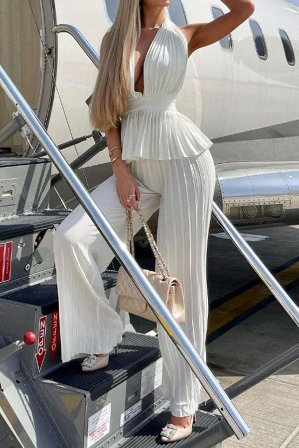 LM | V-Neck Sleeveless Slim Fit Backless Top Loose Pleated Pants Set
