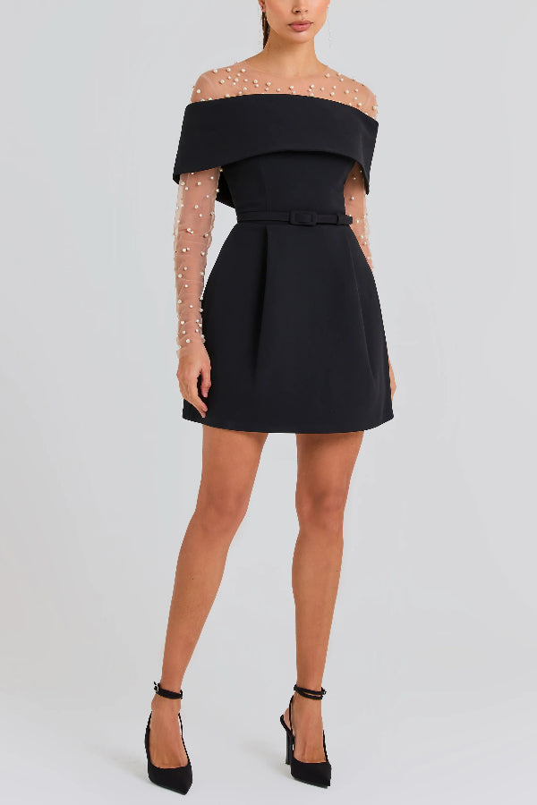 LM | Elegant Evening Lapel Bandeau Detachable Belt Pocketed Mini Dress