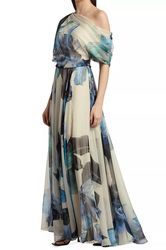 LM | Unique printed bohemian short-sleeved maxi dress with one shoulder section