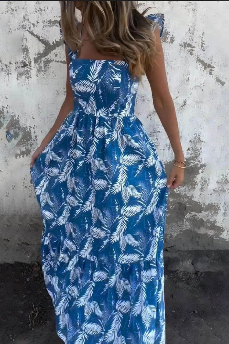 LM | Elegant hollow tie feather print ruffle sleeve maxi dress