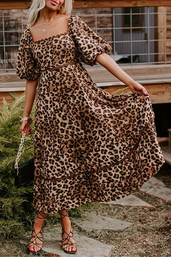 LM | Brown Leopard Print Puff Sleeve Ricrac Maxi Dress