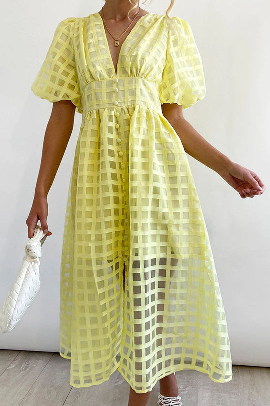 LM | Remarkable Beauty Square Patterned Fabric Puff Sleeve Party Midi Dress
