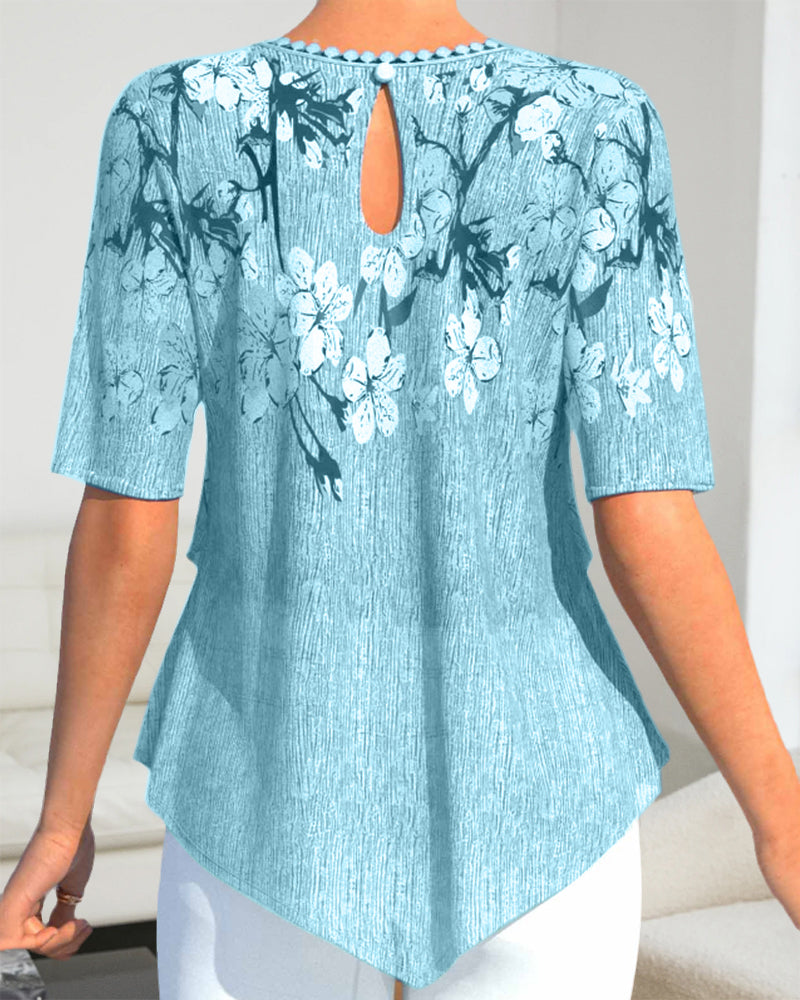 LM | Blouse with floral round neckline and short sleeves