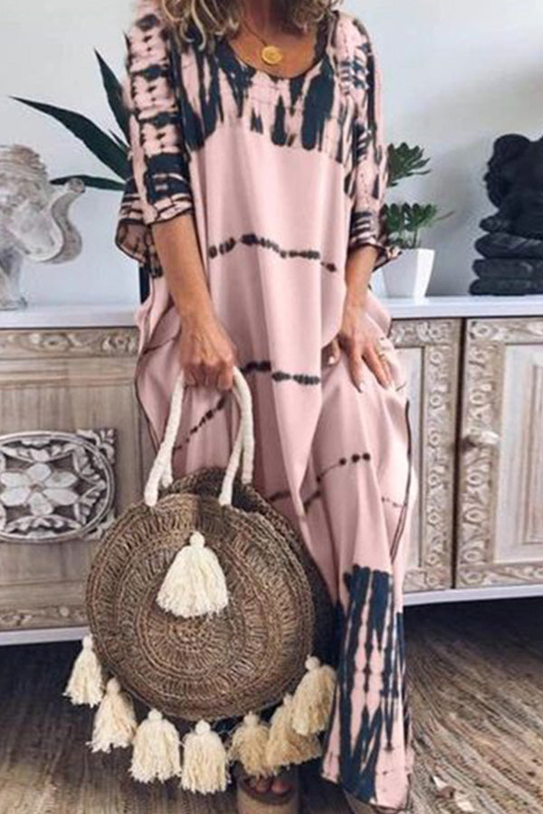 LM | Loose printed maxi dress with round neckline