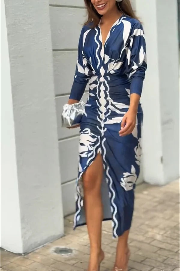 LM | Caliana Unique Print Dolman Long Sleeve Ruffled Slit Midi Dress