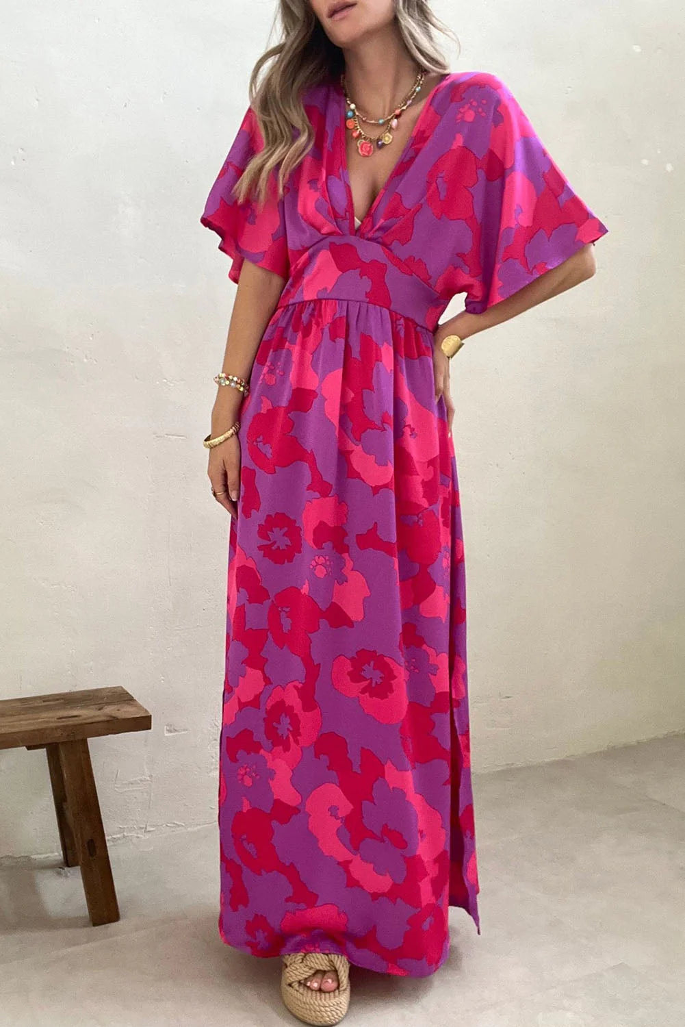 LM | Rose Abstract Floral Print V-Neck Dolman Maxi Dress