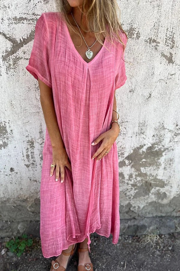 LM | Bayside Bliss linen blend short sleeve pleated loose midi dress
