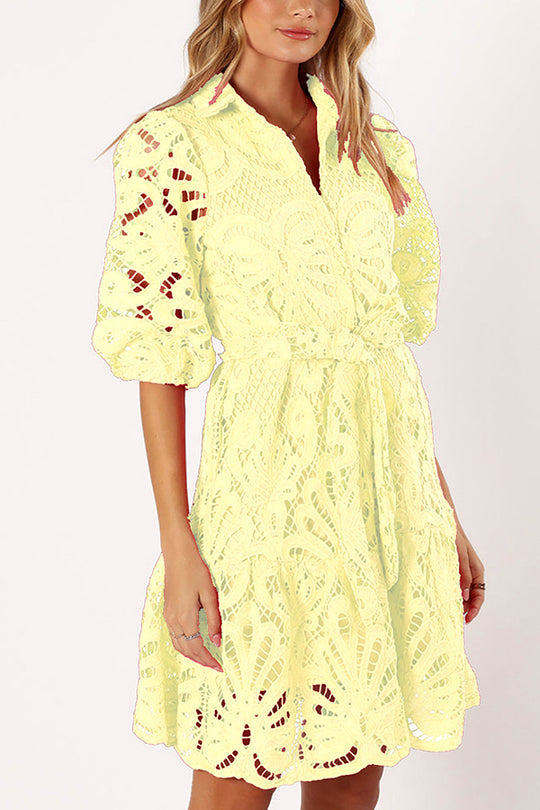 LM | Solid color lace neckline balloon sleeves and waist tie mini dress