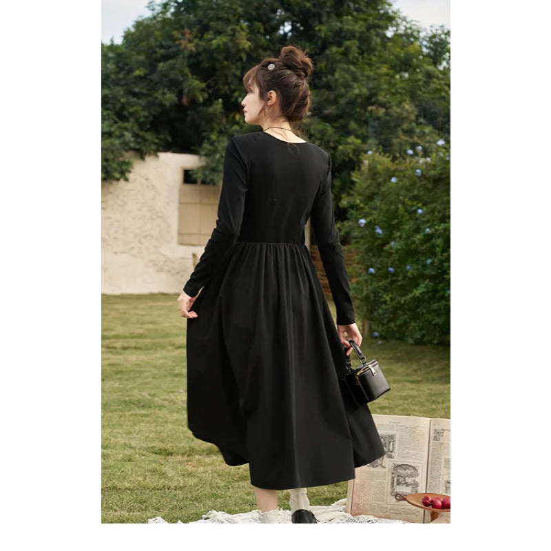 LM | Elegant Black Knitted Smocked V-Neck A-Line Midi Dress