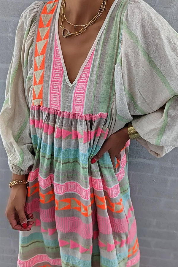 LM | Whisked Away Geometric Color Block Printed A-Line Midi Dress