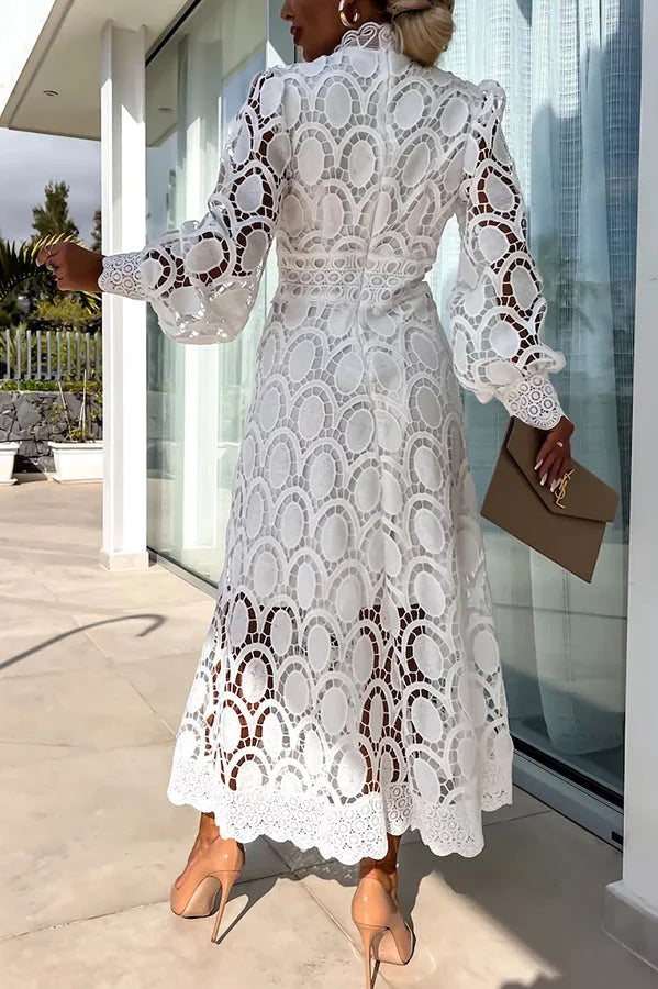 LM | Romantic, Sensual and Elegant Crochet Lace Lantern Sleeve Party Midi Dress