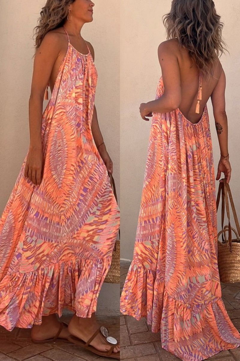LM | Sunita Ethnic Print A-Line Halter Tassel Vacation Maxi Dress
