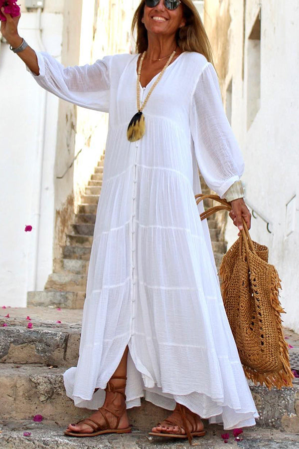 LM | Seraphina cotton-linen blend, tiered maxi dress with button placket