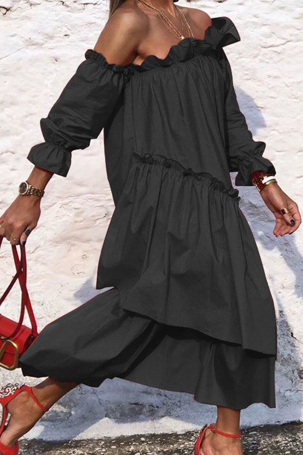 LM | Fionna Off Shoulder Ruffle Irregular Trim Loose Midi Dress