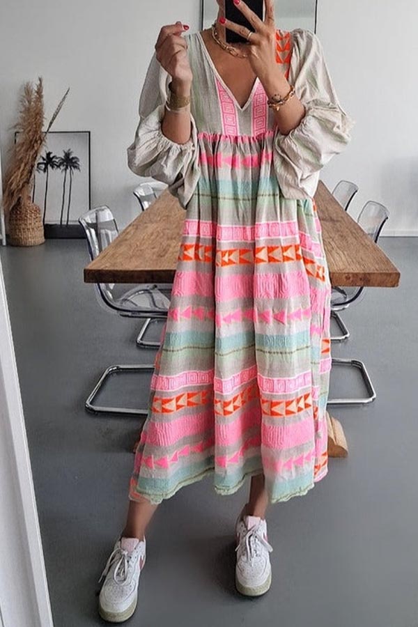 LM | Pink striped midi dress with Greek key and orange necklace
