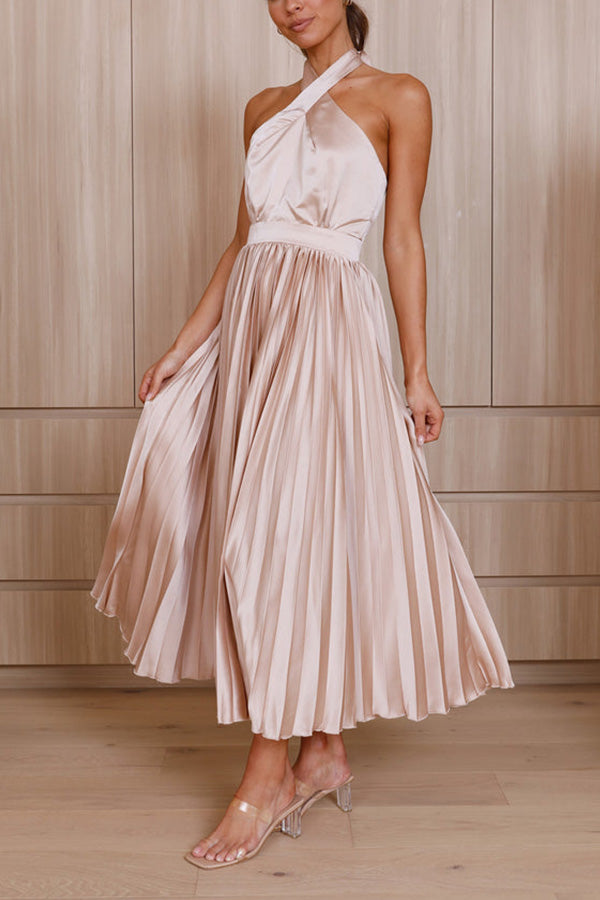 LM | Beaming Smile satin halterneck pleated midi dress