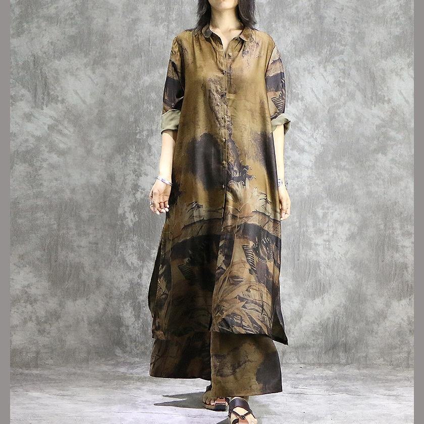LM | Elegant wide leg pants silk tunics yellow two-piece plus size dress summer prints
