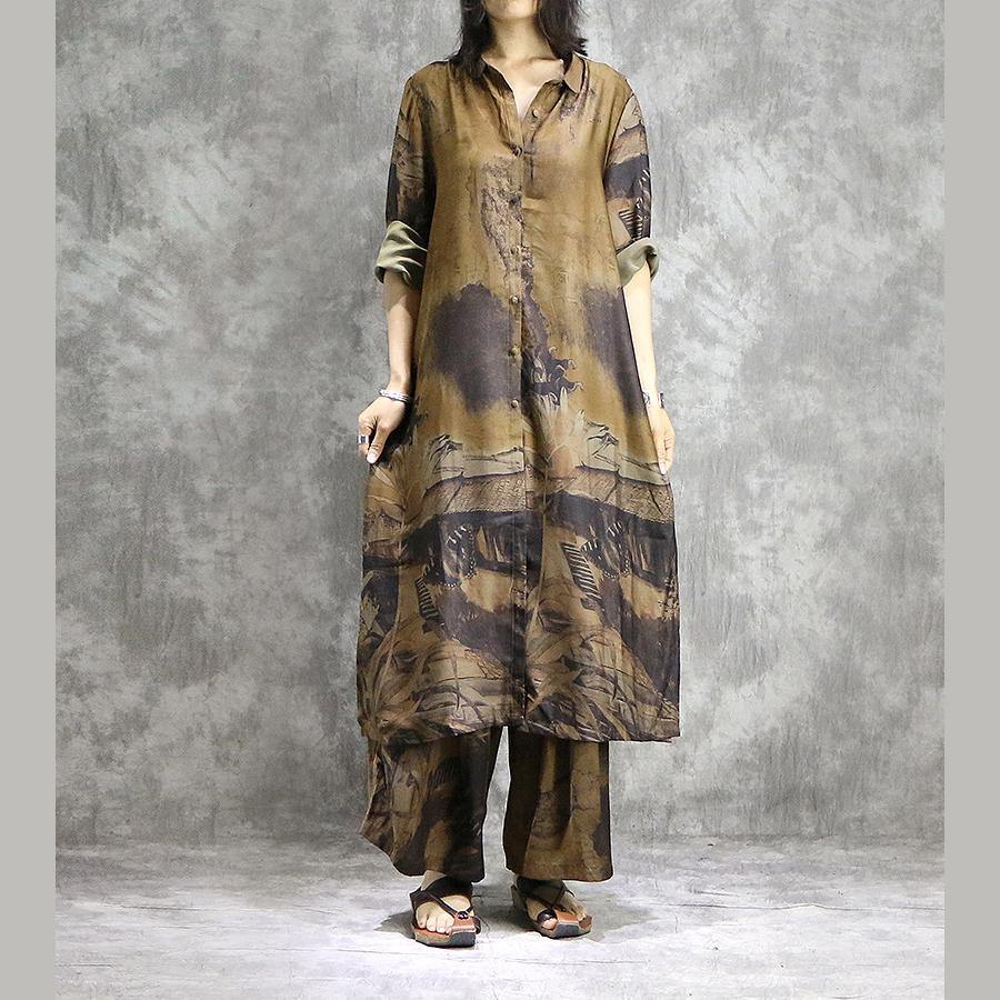 LM | Elegant wide leg pants silk tunics yellow two-piece plus size dress summer prints