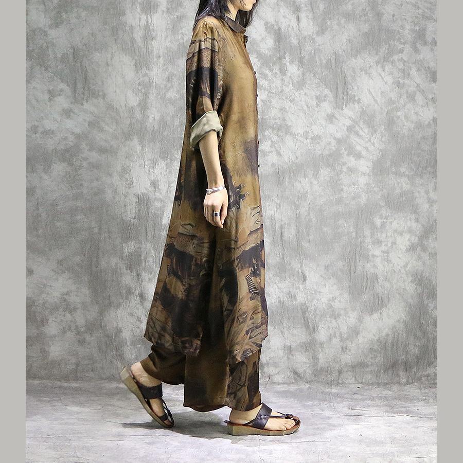 LM | Elegant wide leg pants silk tunics yellow two-piece plus size dress summer prints