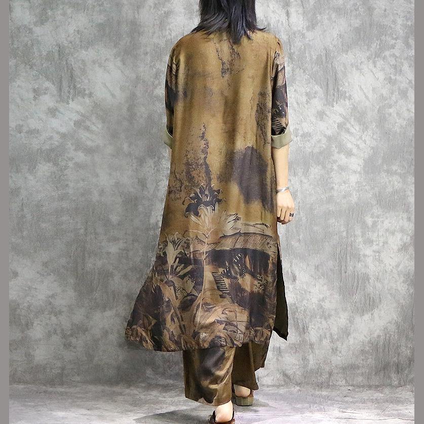 LM | Elegant wide leg pants silk tunics yellow two-piece plus size dress summer prints