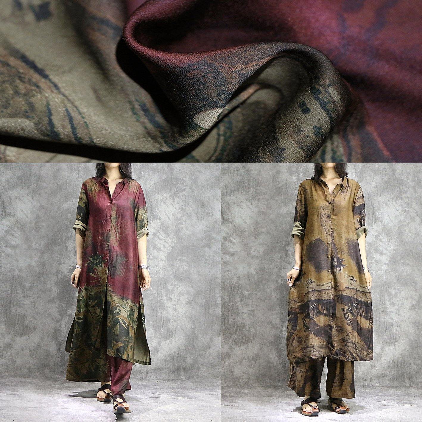 LM | Elegant wide leg pants silk tunics yellow two-piece plus size dress summer prints